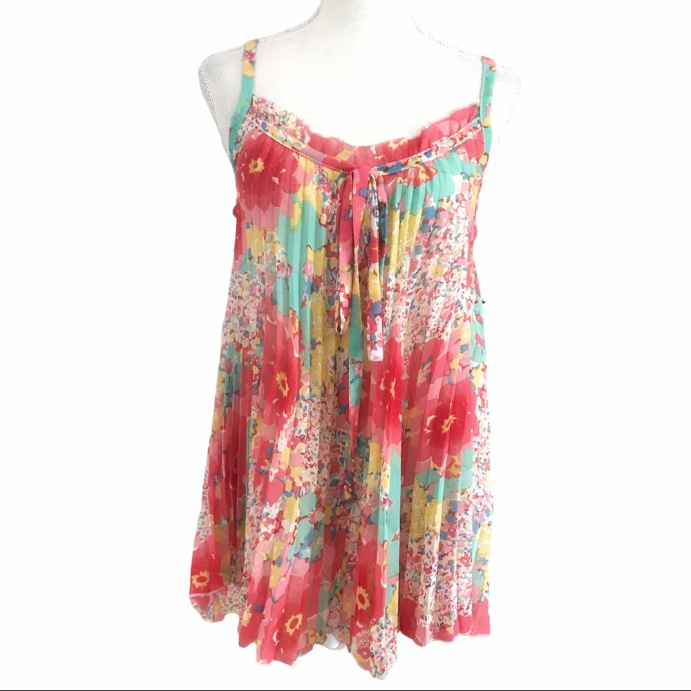 R LEEZIO COLORFUL FLORAL PLEATED LOOSE FLOWY RUFFLE TANK TOP WITH BOW TIE